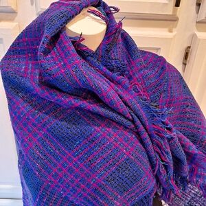 Glentex Made In Japan 60s Elegant Blue and Pink Knit Plaid Square Scarf Vintage